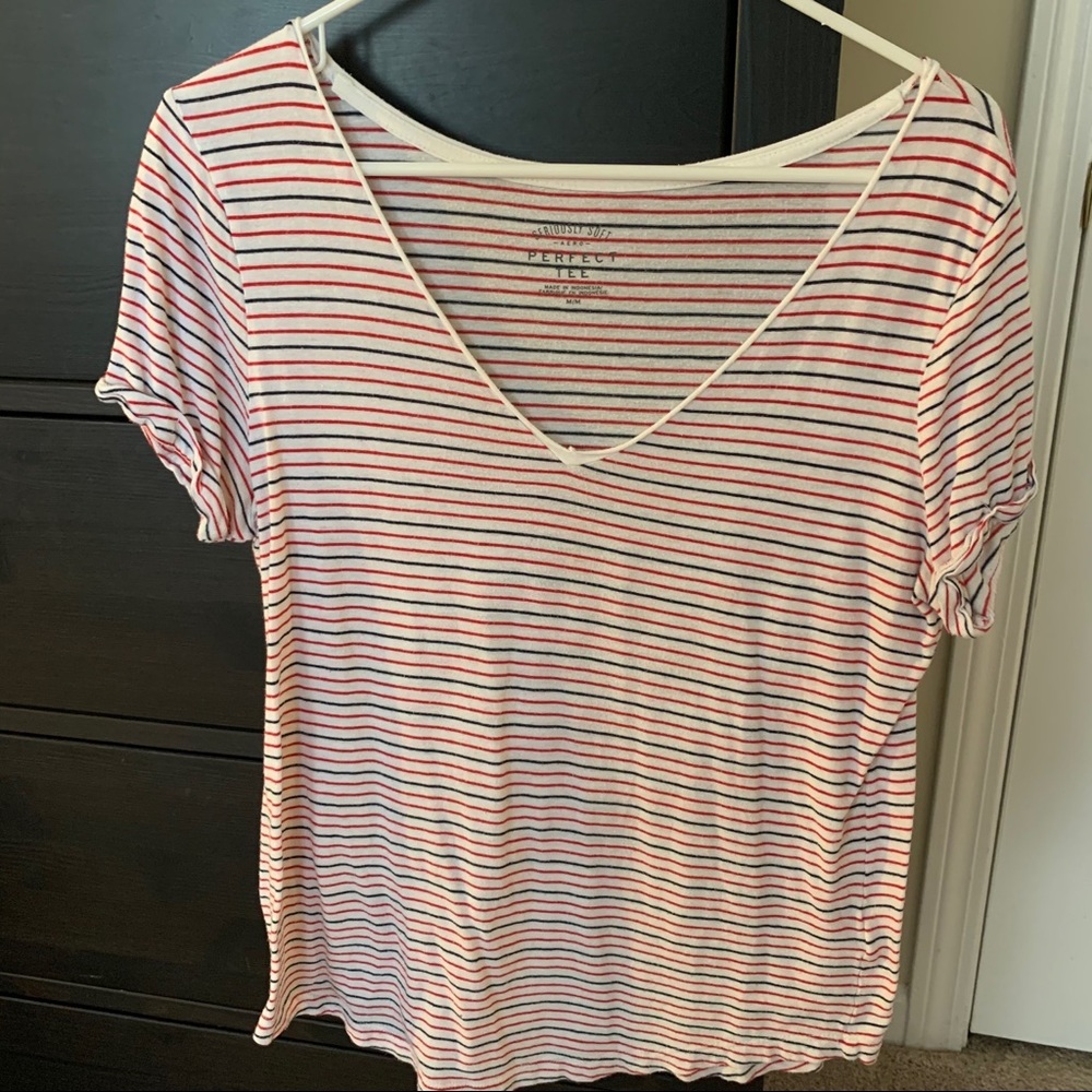 white, red, and navy striped shirt